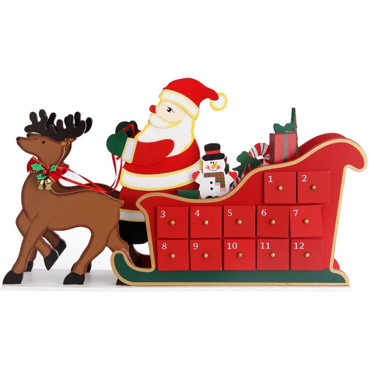 Weihnachtsdekoration, Adventskalender mit 24 Schubladen, Weihnachtsmann aus Holz, 52 x 13 cm, Ego