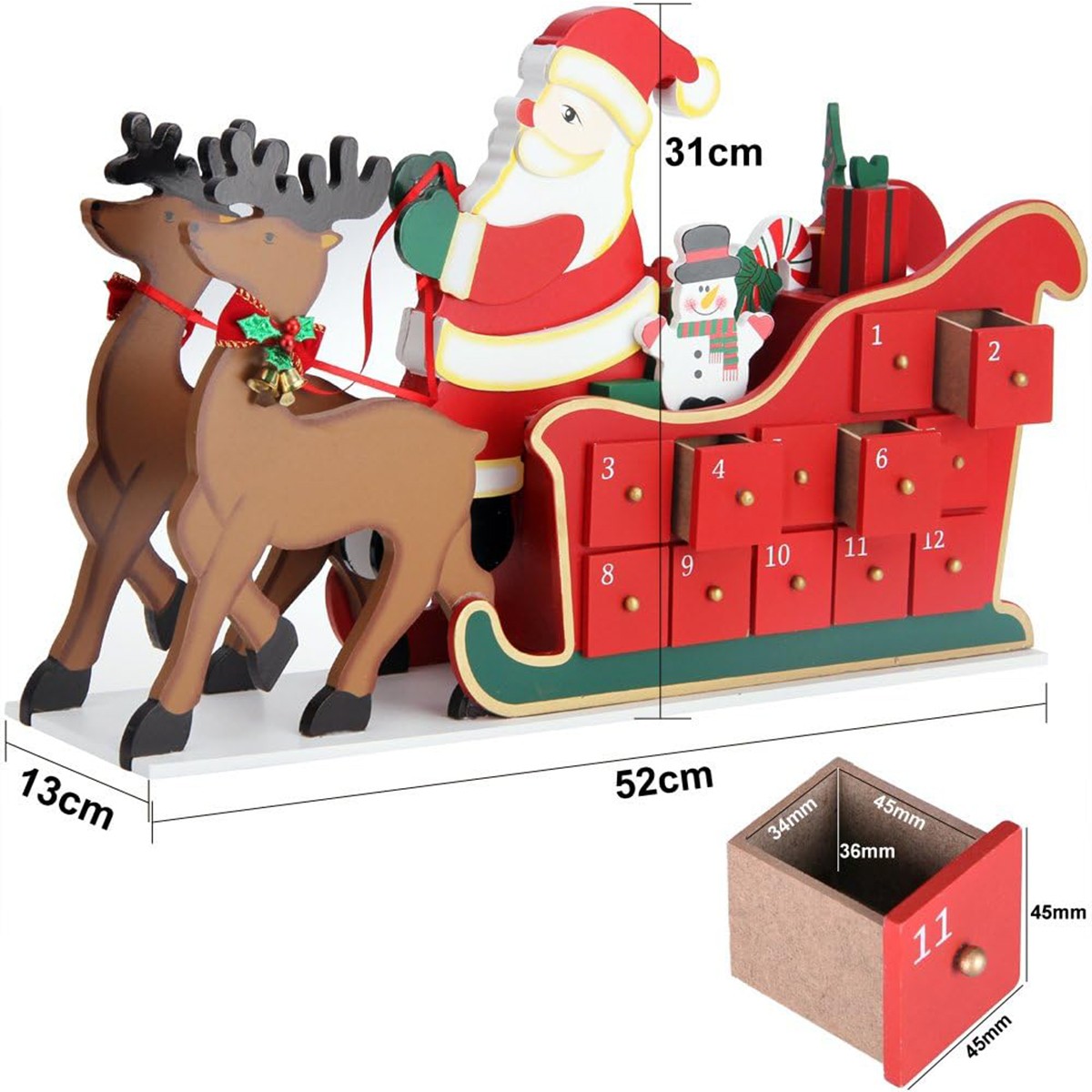 Weihnachtsdekoration, Adventskalender mit 24 Schubladen, Weihnachtsmann aus Holz, 52 x 13 cm, Ego