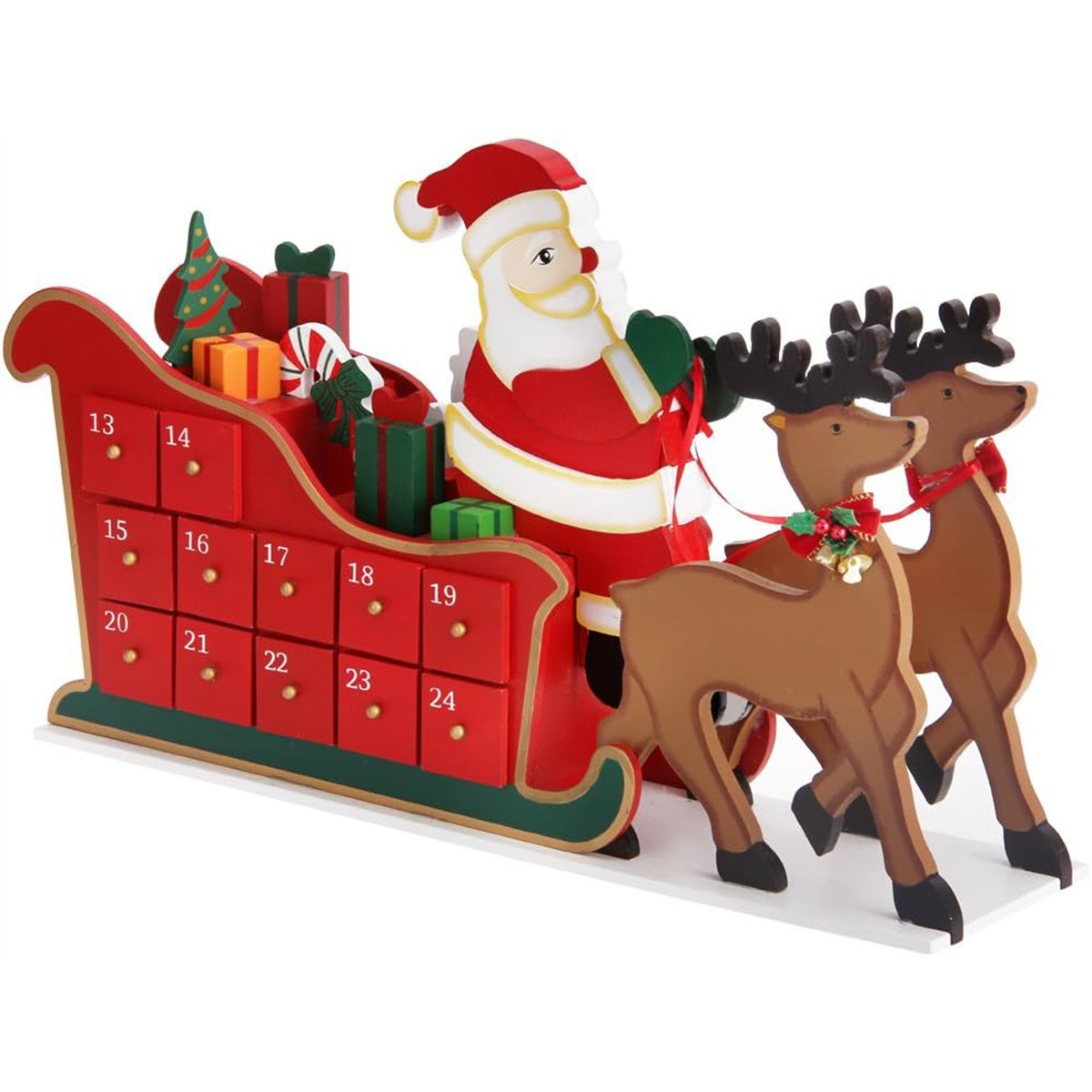 Weihnachtsdekoration, Adventskalender mit 24 Schubladen, Weihnachtsmann aus Holz, 52 x 13 cm, Ego
