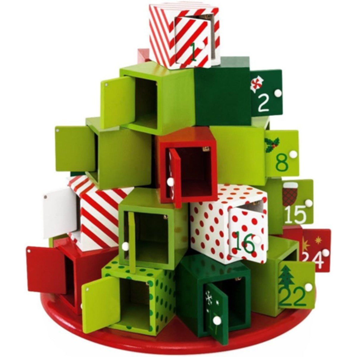 Weihnachtsdekoration, Adventskalender mit 24 Schubladen, Tannenbaumform, MDF, 30,5 x 27 cm, Ego
