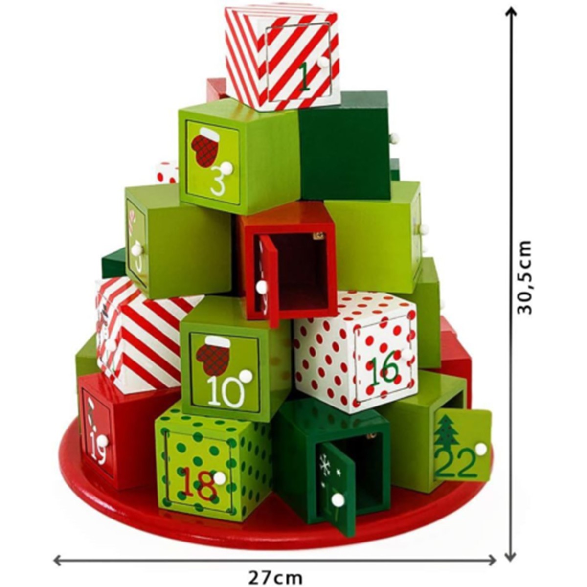 Weihnachtsdekoration, Adventskalender mit 24 Schubladen, Tannenbaumform, MDF, 30,5 x 27 cm, Ego