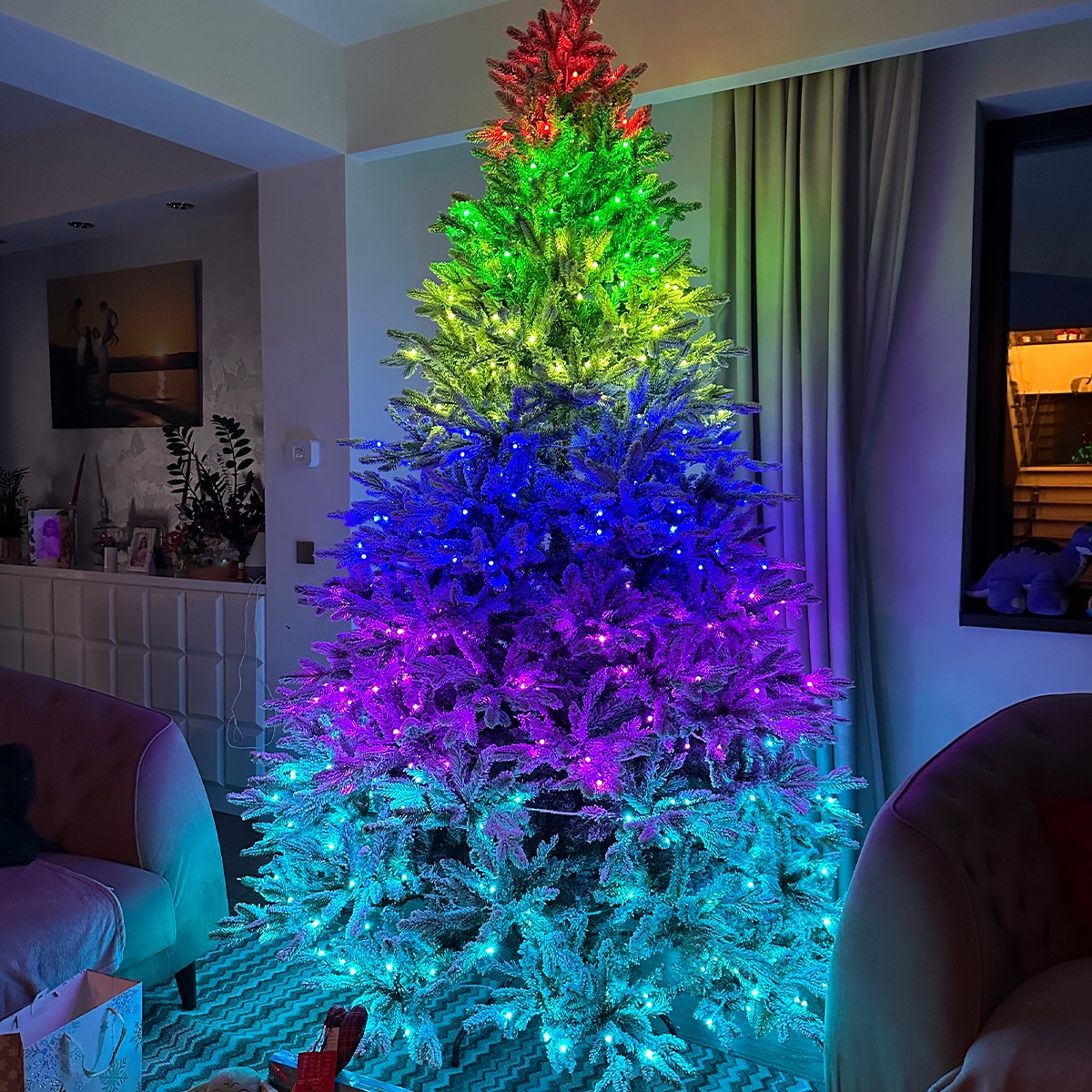 Künstlicher Weihnachtsbaum, beschneit, 3D-Zweige, RGB-LED, 32 Modi, Fernbedienung, Metallständer, 3170 Zweige, Polar, 220 cm