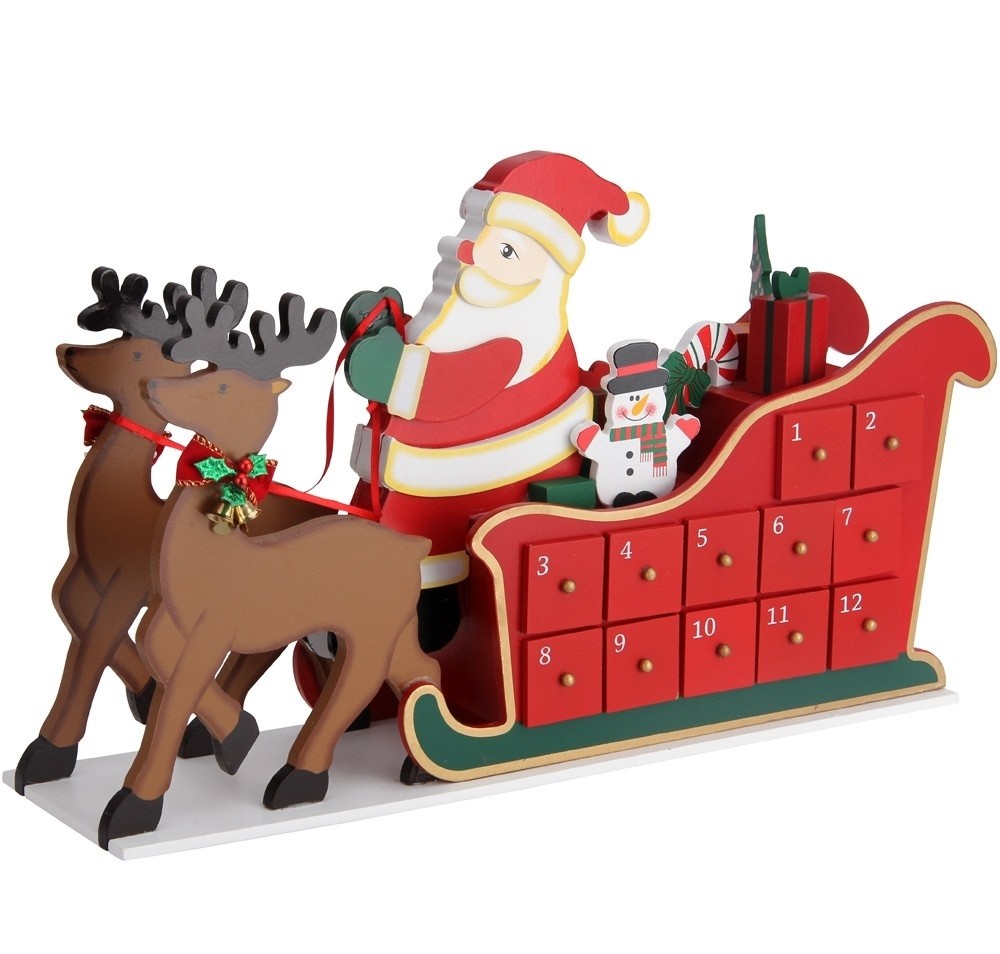 Weihnachtsdekoration, Adventskalender mit 24 Schubladen, Weihnachtsmann aus Holz, 52 x 13 cm, Ego