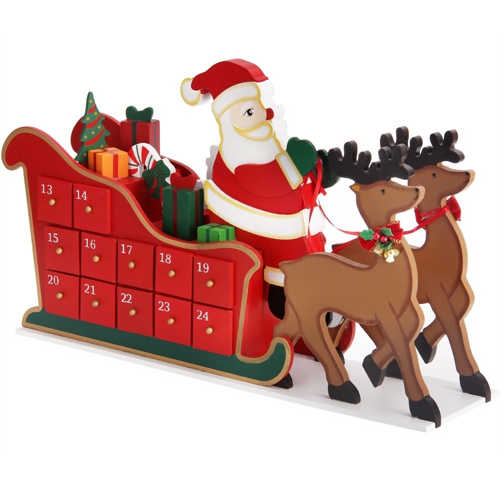 Weihnachtsdekoration, Adventskalender mit 24 Schubladen, Weihnachtsmann aus Holz, 52 x 13 cm, Ego