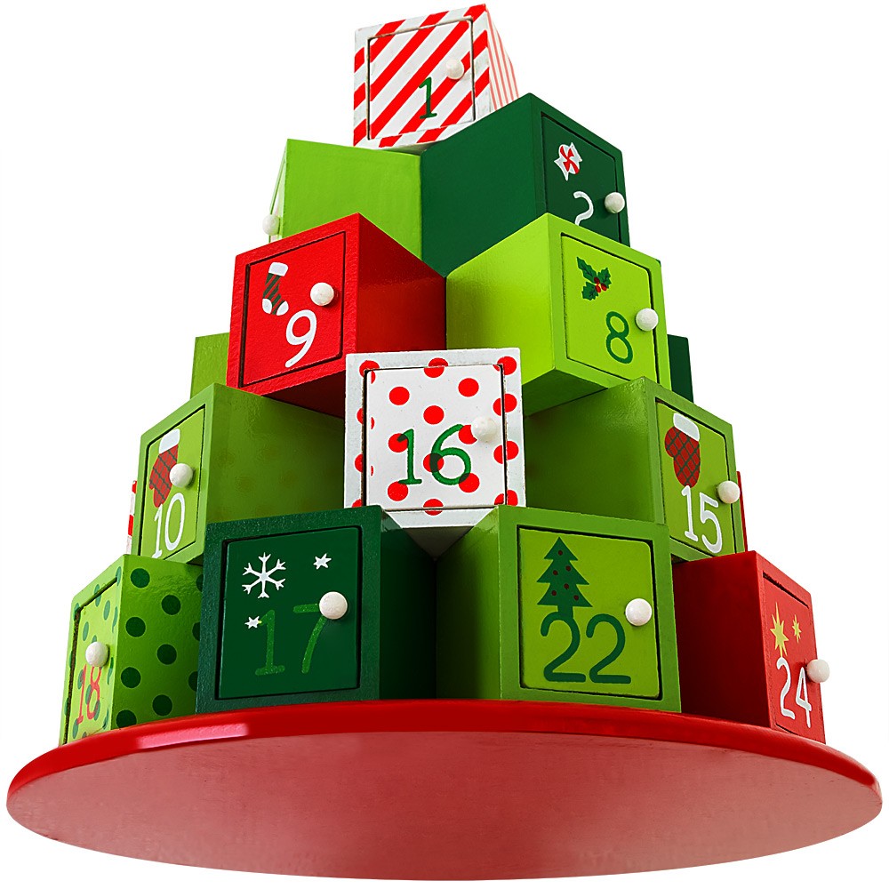 Weihnachtsdekoration, Adventskalender mit 24 Schubladen, Tannenbaumform, MDF, 30,5 x 27 cm, Ego