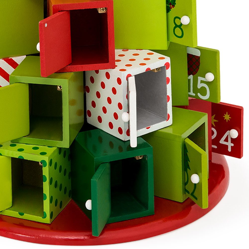 Weihnachtsdekoration, Adventskalender mit 24 Schubladen, Tannenbaumform, MDF, 30,5 x 27 cm, Ego