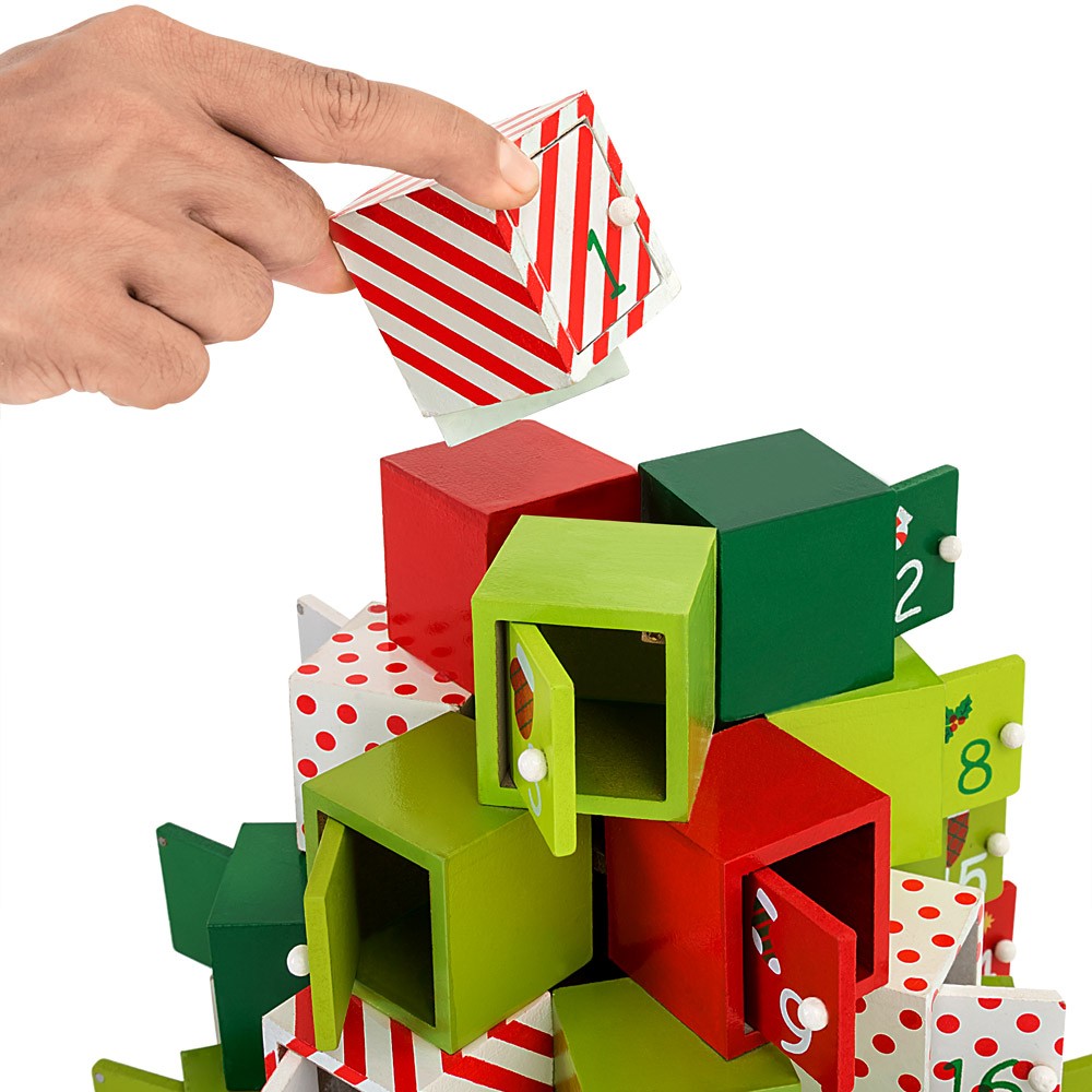 Weihnachtsdekoration, Adventskalender mit 24 Schubladen, Tannenbaumform, MDF, 30,5 x 27 cm, Ego