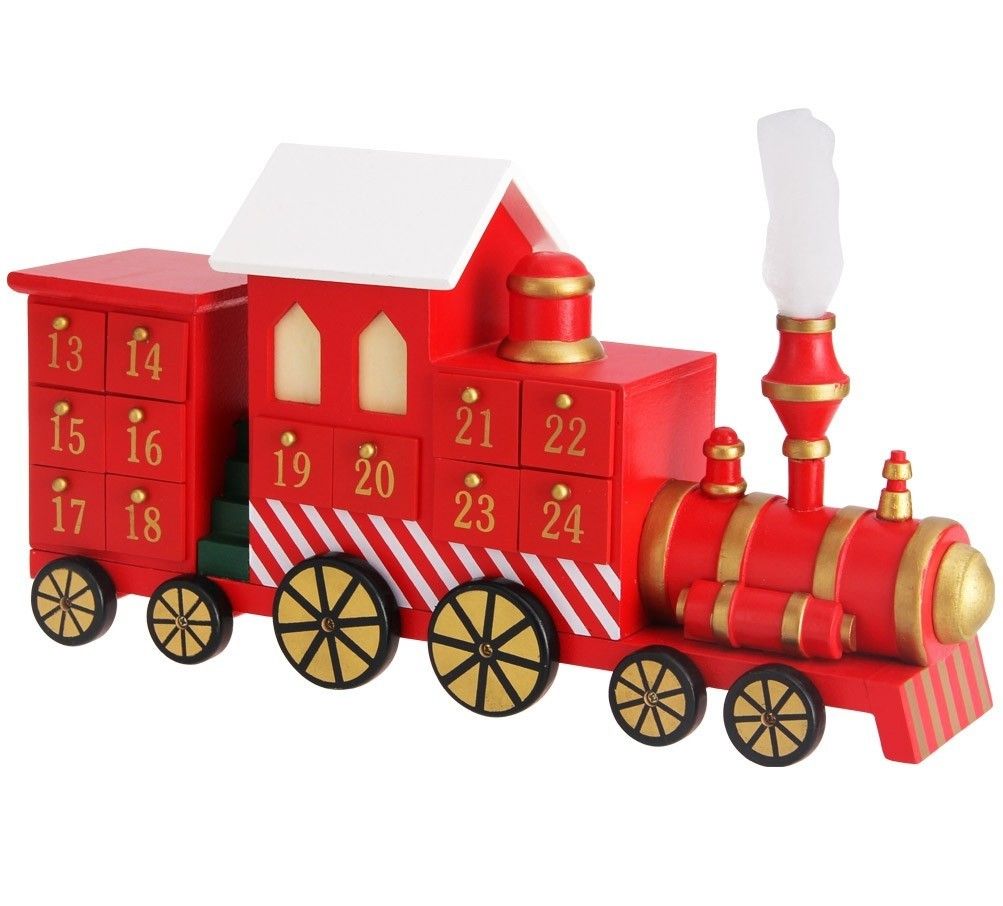 Weihnachtsdekoration, Adventskalender Zug aus Holz, Rot, 24 Schubladen, 42 x 23 cm