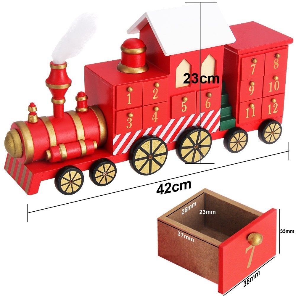 Weihnachtsdekoration, Adventskalender Zug aus Holz, Rot, 24 Schubladen, 42 x 23 cm