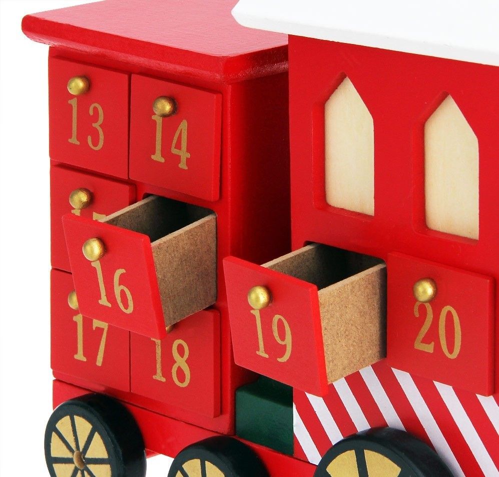 Weihnachtsdekoration, Adventskalender Zug aus Holz, Rot, 24 Schubladen, 42 x 23 cm