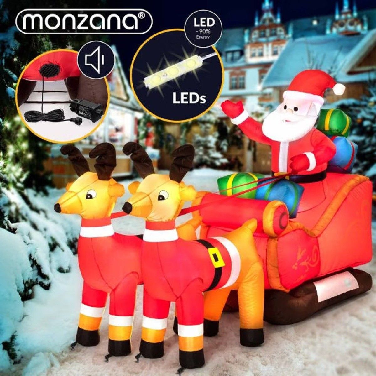 Aufblasbare Weihnachtsfigur Weihnachtsmann mit Schlitten, 240 x 92 cm, 6 dekorative LEDs, mit elektrischem Gebläse