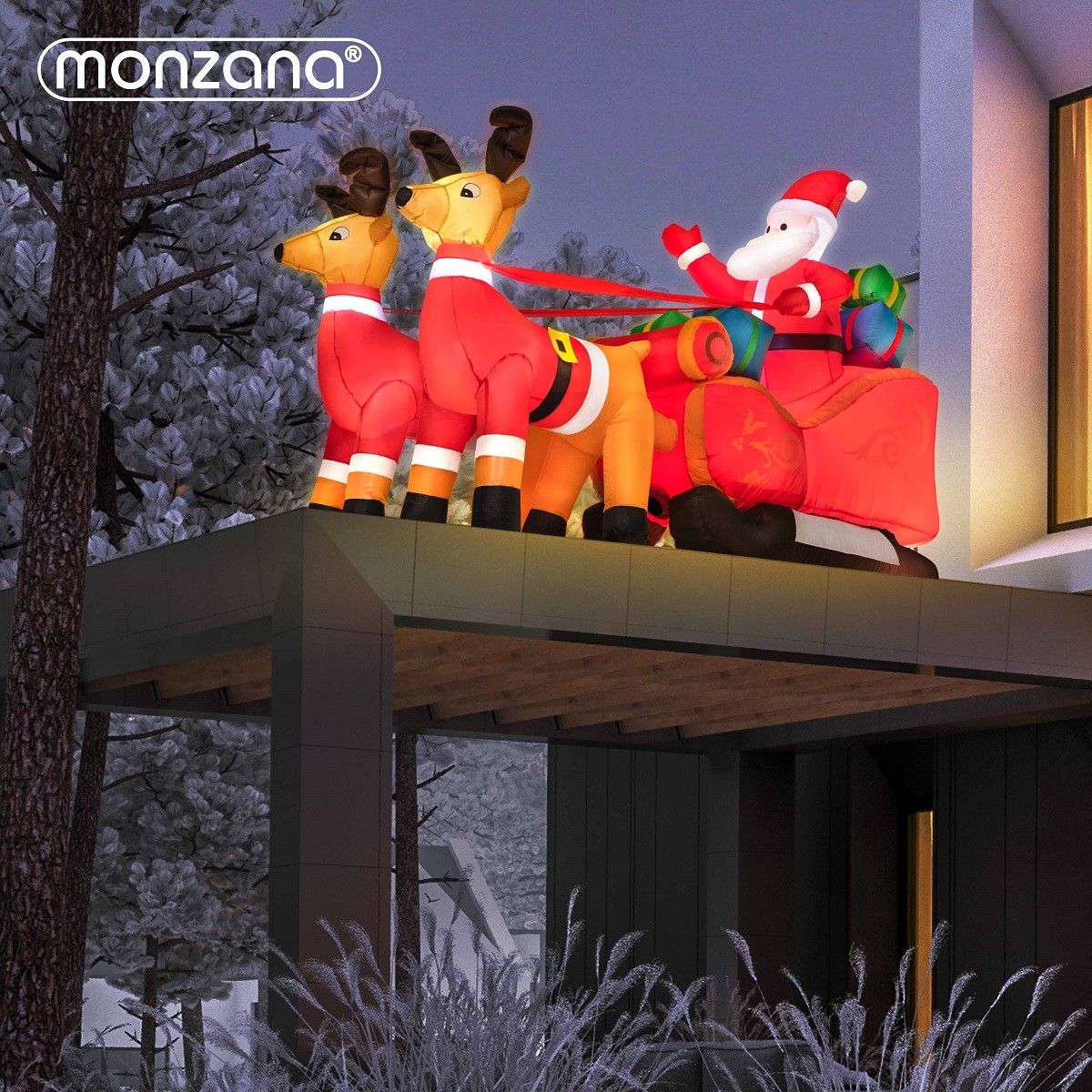 Aufblasbare Weihnachtsfigur Weihnachtsmann mit Schlitten, 240 x 92 cm, 6 dekorative LEDs, mit elektrischem Gebläse