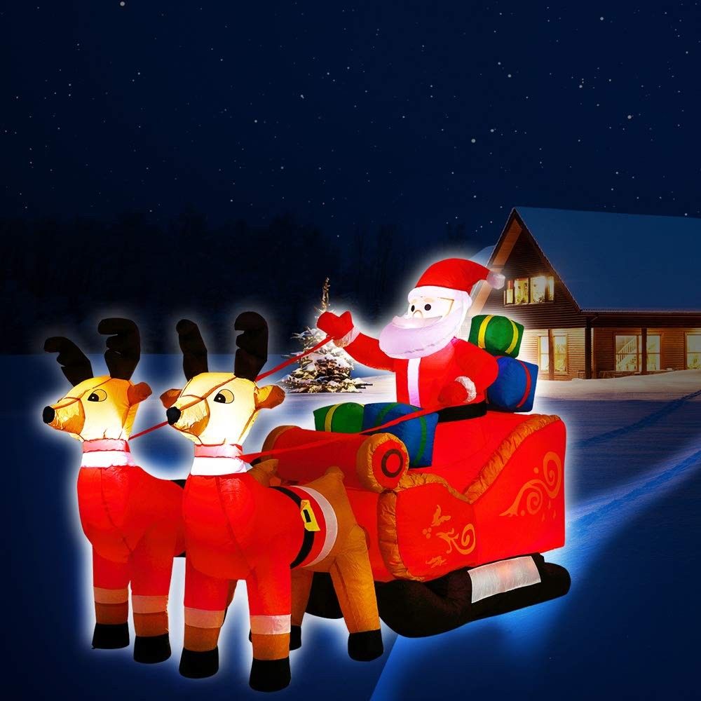 Aufblasbare Weihnachtsfigur Weihnachtsmann mit Schlitten, 240 x 92 cm, 6 dekorative LEDs, mit elektrischem Gebläse
