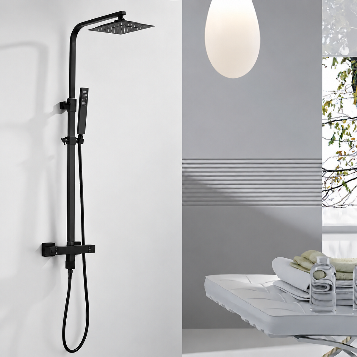 Thermostat-Duschsystem, 2 Funktionen, Regendusche, Handbrause, Wandmontage, Matt Schwarz, Hermes