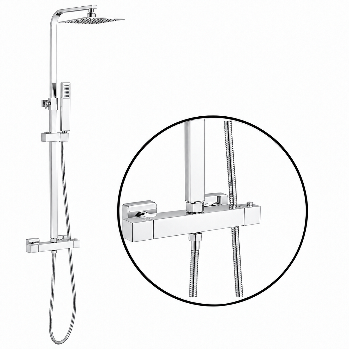 Thermostat-Duschsystem, 2 Funktionen, Regenduschkopf, Handbrause, Wandmontage, Chrom, Hermes