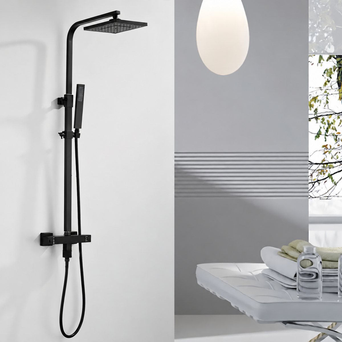 Thermostat-Duschsystem, 2 Funktionen, Regendusche, Handbrause, Wandmontage, Matt Schwarz, Hermes
