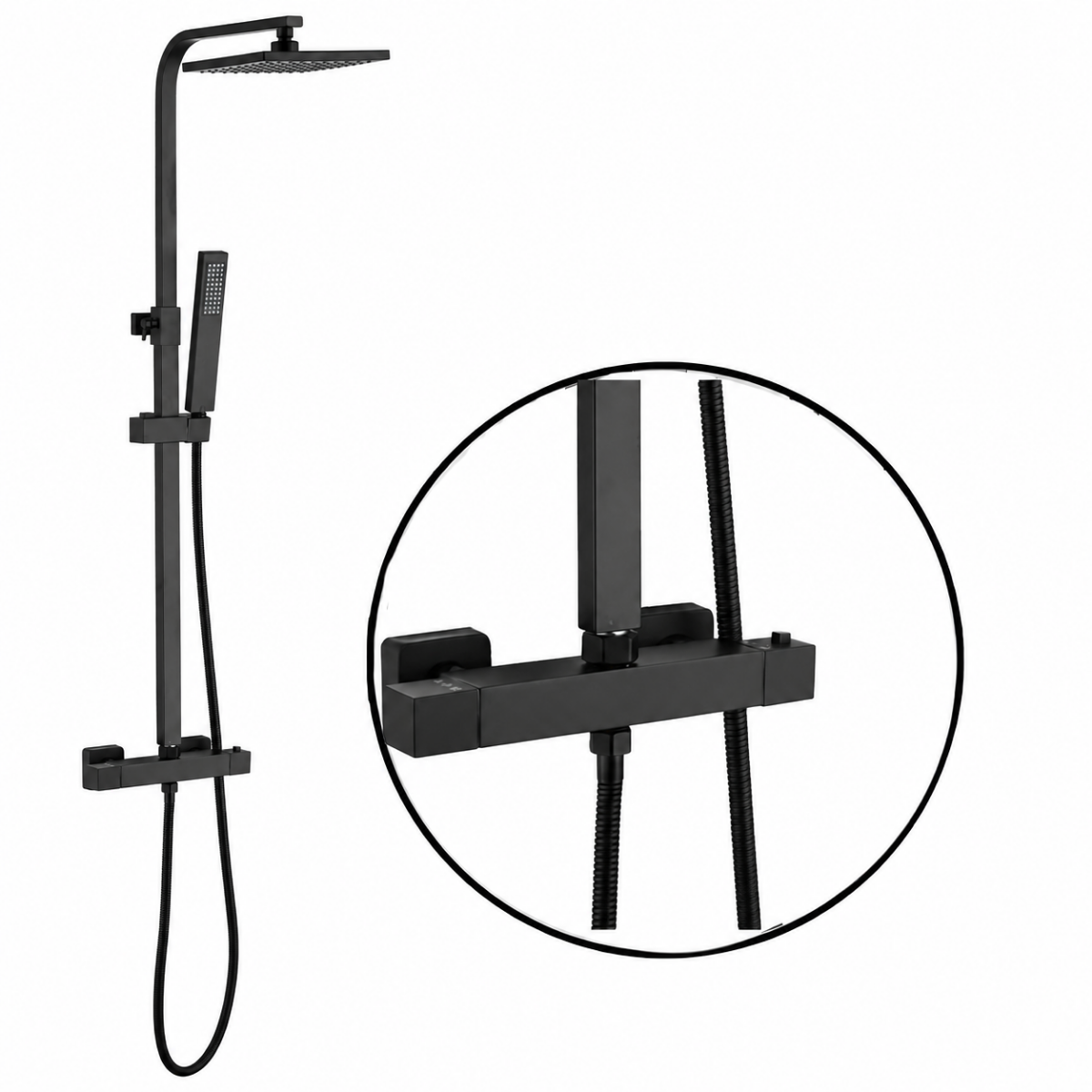 Thermostat-Duschsystem, 2 Funktionen, Regendusche, Handbrause, Wandmontage, Matt Schwarz, Hermes