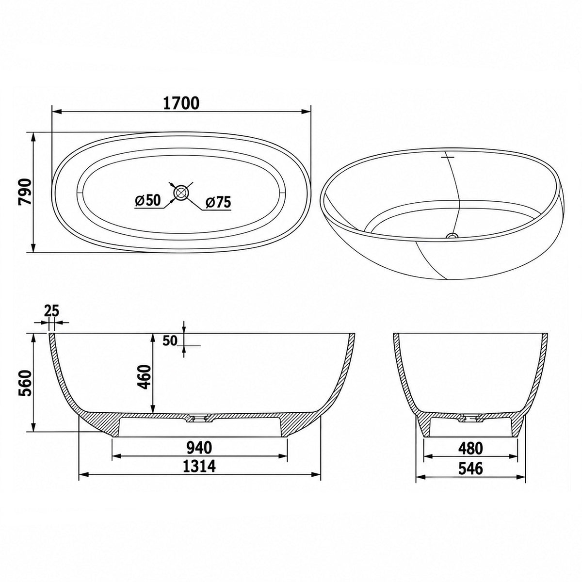 Badewanne Lulu, Coroian-Verbundstoff, Mattschwarz, 170 oder 180 cm, Wärmedämmung, freistehend