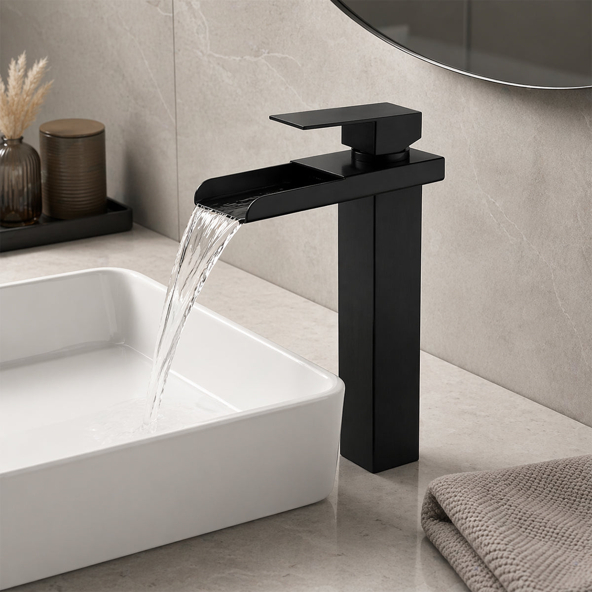 Waschtischarmatur, Wasserfall-Ausführung, Höhe 31,4 cm, Aufsatzmontage, Mattschwarz, Cortano
