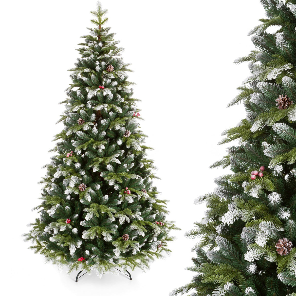 Premium-Weihnachtsbaum, 3D-Zweige, Zapfen, Lorbeerbeeren, beschneit, 220 cm