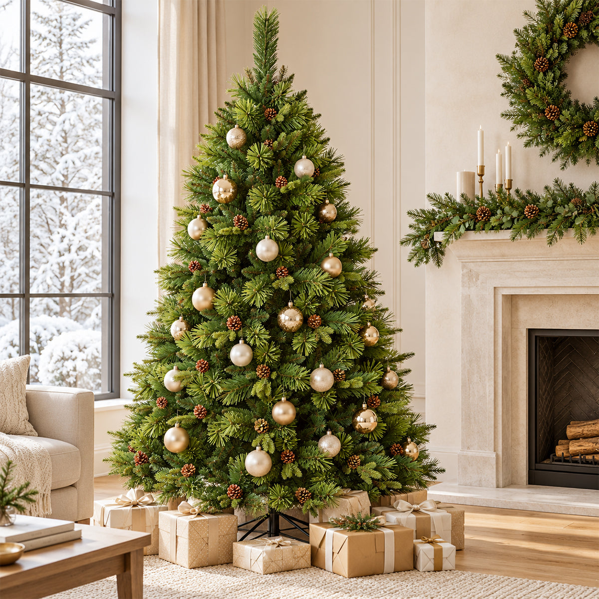Premium-Weihnachtsbaum, 3D-Zweige, 220 cm, Himalaya, besonderes Design, natürliches Aussehen mit Zapfen