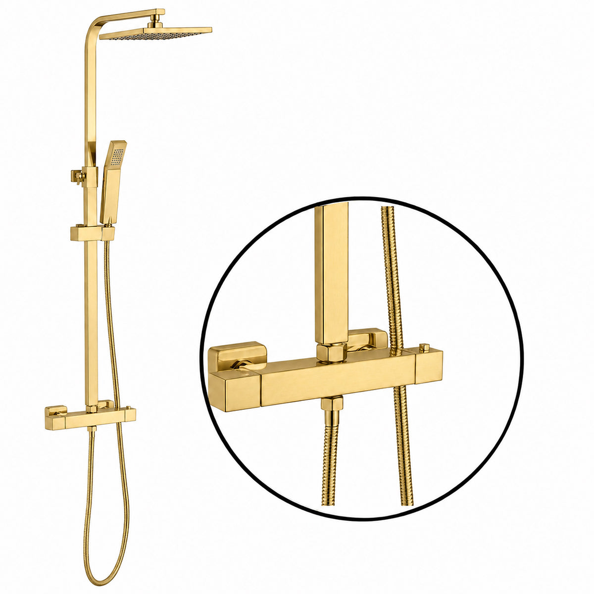 Thermostat-Duschsystem, 2 Funktionen, Regenduschkopf, Handbrause, Wandmontage, Mattgold, Hermes