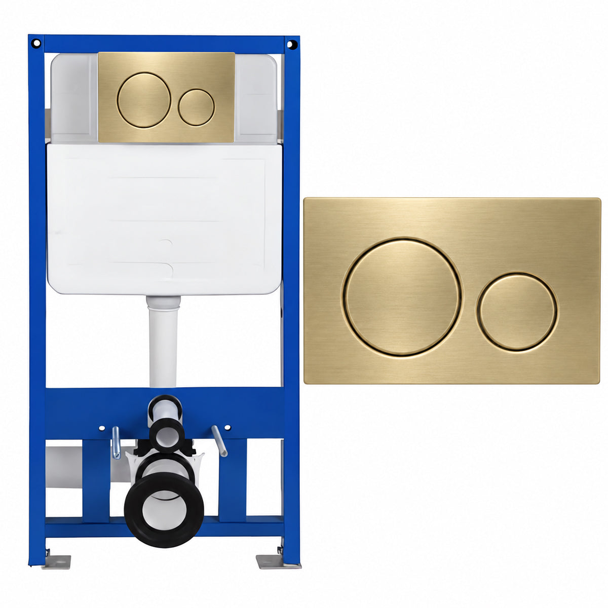 Montageelement mit Unterputzspülkasten, 50 cm Breite, 3/8 Liter Fassungsvermögen, Aluminium-Betätigungsplatte mit runden Tasten in Gold matt