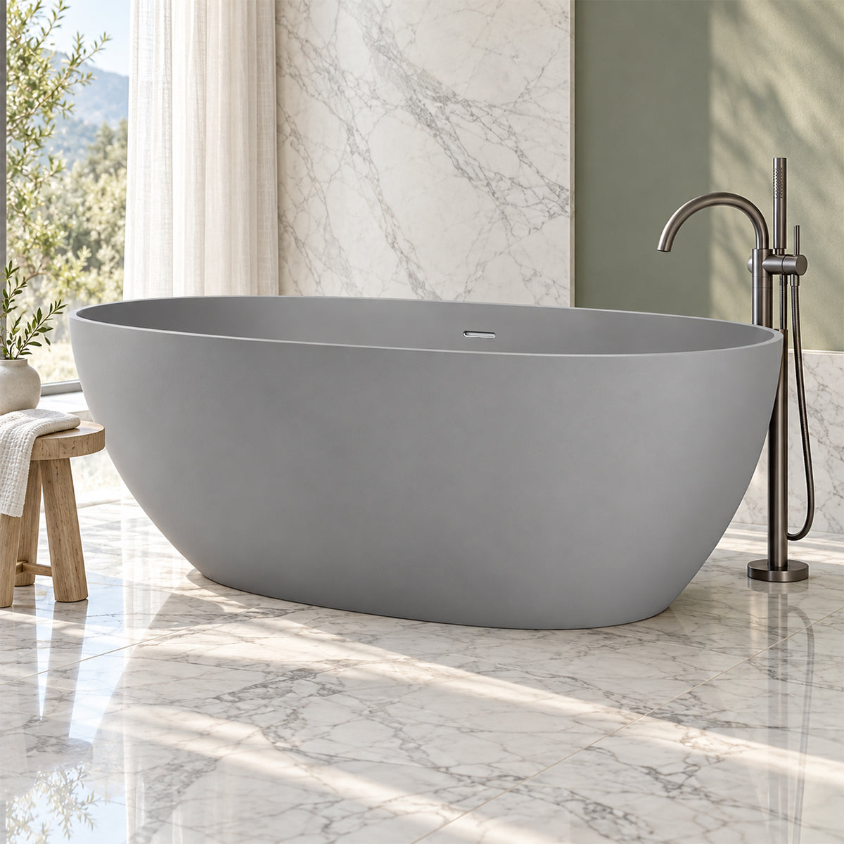 Badewanne, Mineralwerkstoff, freistehend, Zementgrau matt, inklusive Chromarmatur, 170 x 78 cm, Aveline