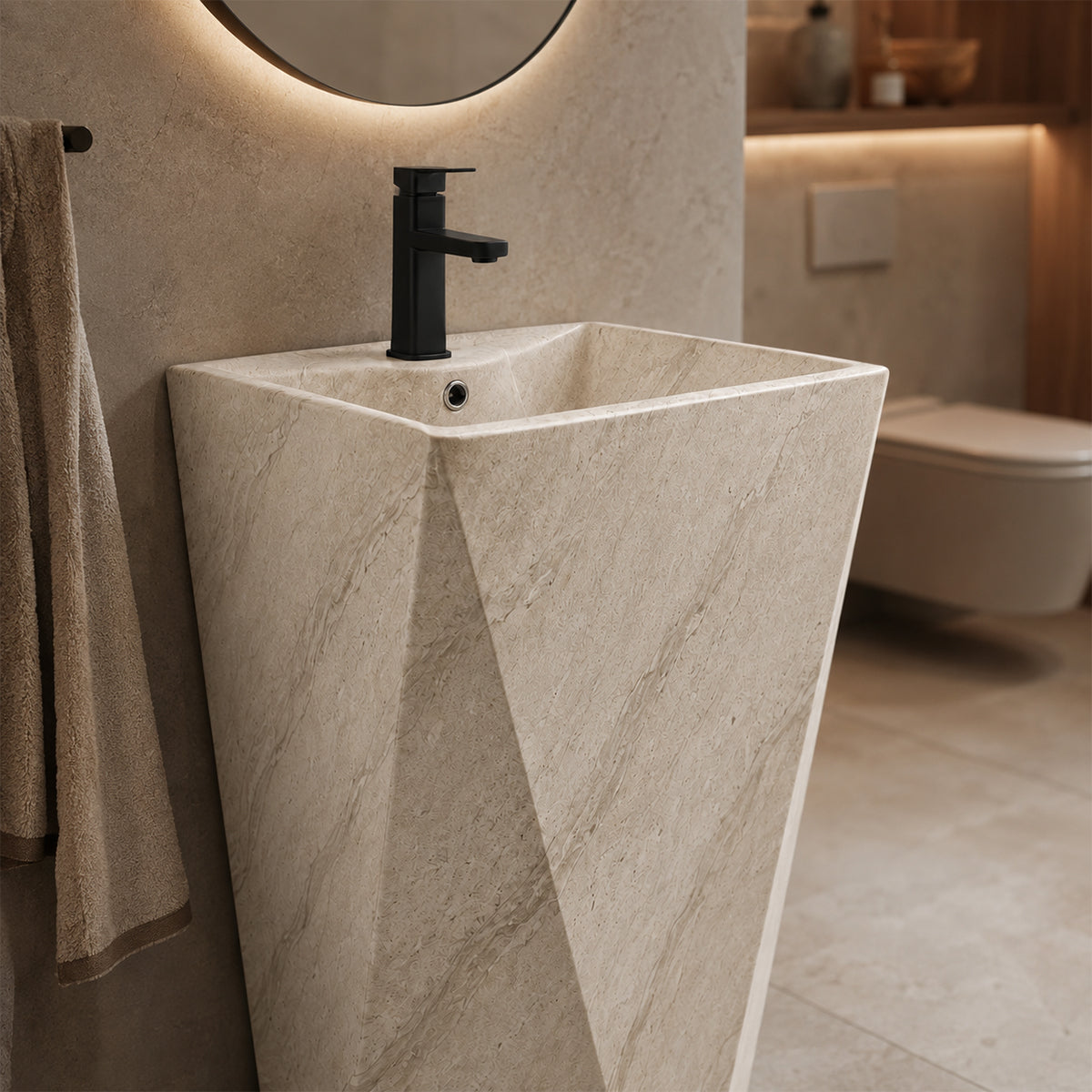 Standwaschbecken, mit Armaturenloch, 47 x 47 x 83 cm, Bodenmontage, Sanitärkeramik, Enrico Stone