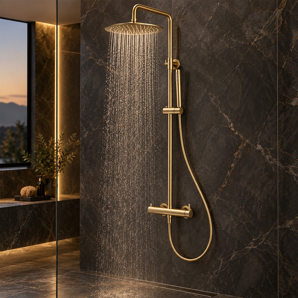 Duschsystem, Mattgold, Wandmontage, 2 Funktionen, Regendusche, Handbrause, Edelstahl, Fino
