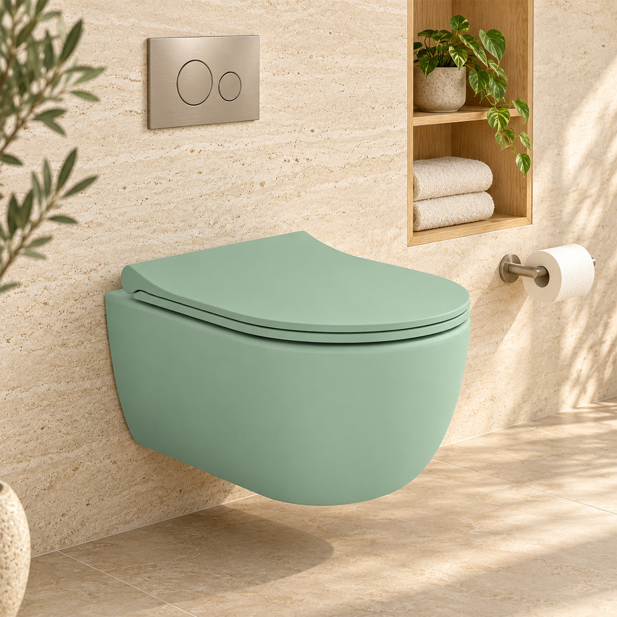 WC-Schüssel EGO Michael Rimless, 49x36 cm, Mintgrün matt, Power Colour, hängende Montage, Soft-Close-Duroplast-Deckel sch