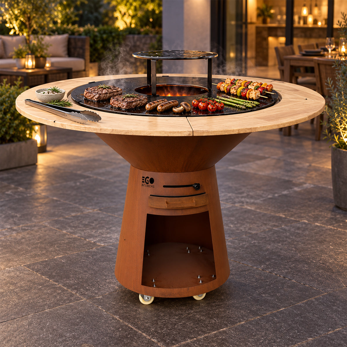 Holzkohlegrill aus Gusseisen, Cortenstahl & Holz, rostbraun, mit Holzfach und Rollen, Ø 100 × H 90 cm,Avangarde