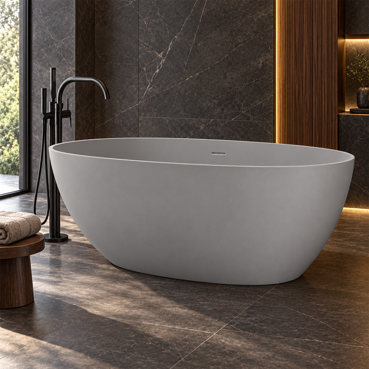 Badewanne, Mineralwerkstoff, freistehend, Zementgrau matt, inklusive Chromarmatur, 170 x 78 cm, Aveline