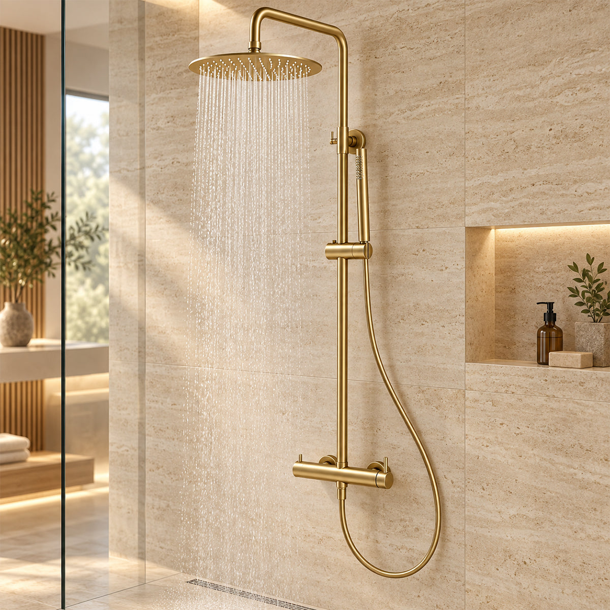 Duschsystem, Mattgold, Wandmontage, 2 Funktionen, Regendusche, Handbrause, Edelstahl, Fino