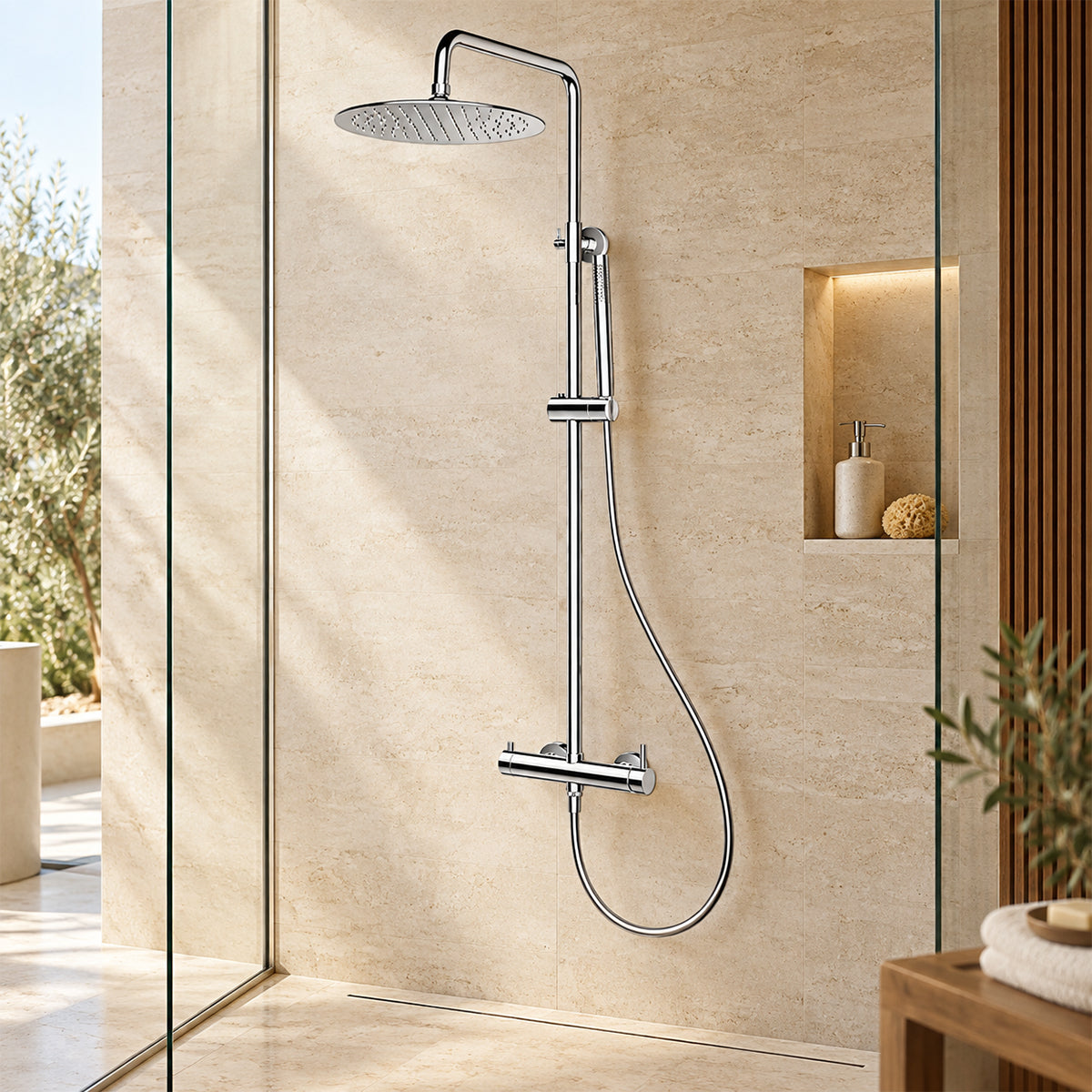 Duschsystem, Chrom, 2 Funktionen, Edelstahl, Regenduschkopf, Handbrause, Wandmontage, Fino