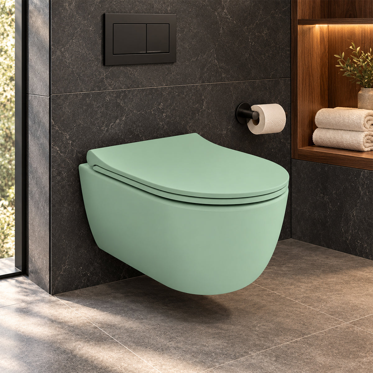 WC-Schüssel EGO Michael Rimless, 49x36 cm, Mintgrün matt, Power Colour, hängende Montage, Soft-Close-Duroplast-Deckel sch