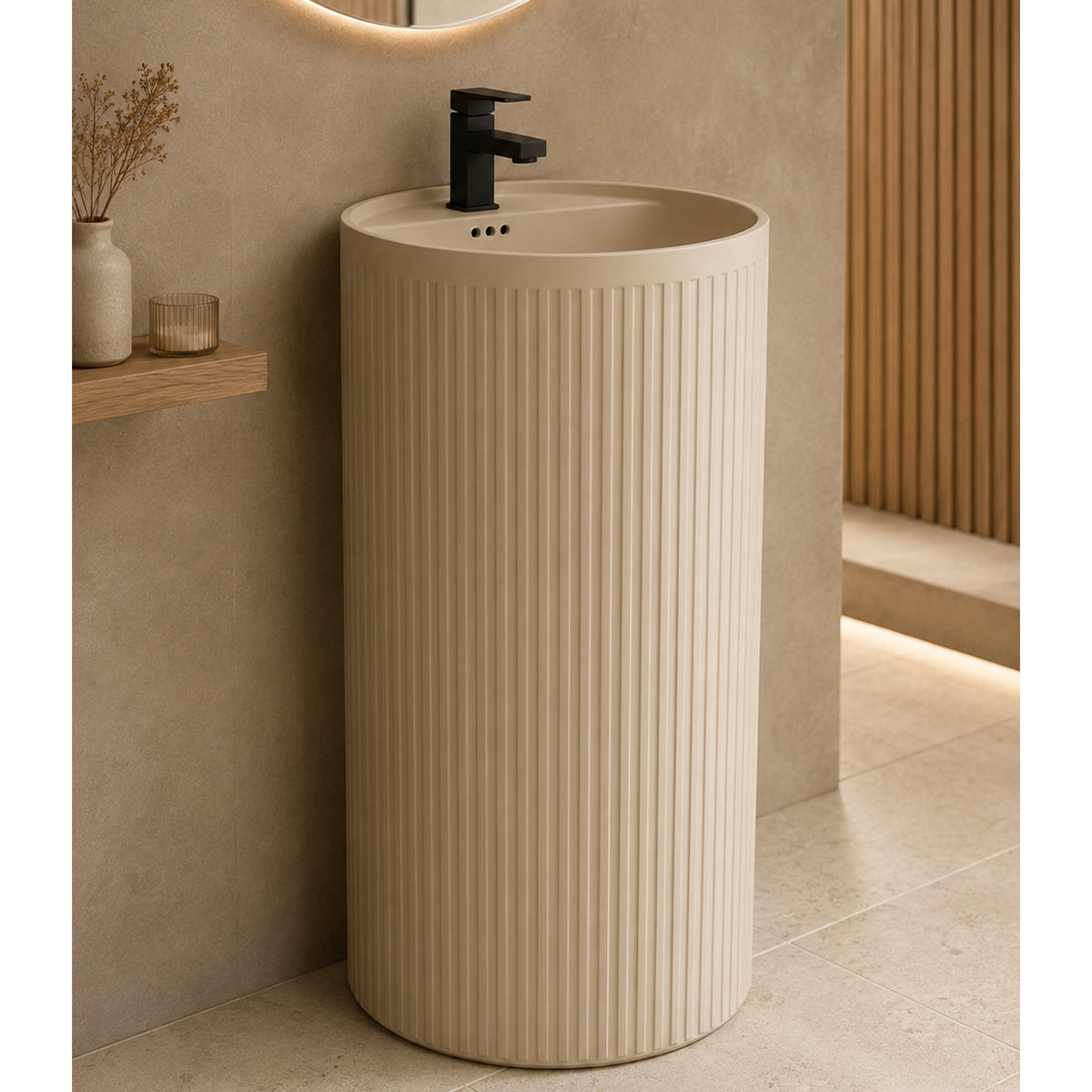 Standwaschbecken, Jasmine Mat mit vertikaler Riffelung, 45 x 45 x 85 cm, mit Armaturenloch, Sanitärkeramik, Firenze