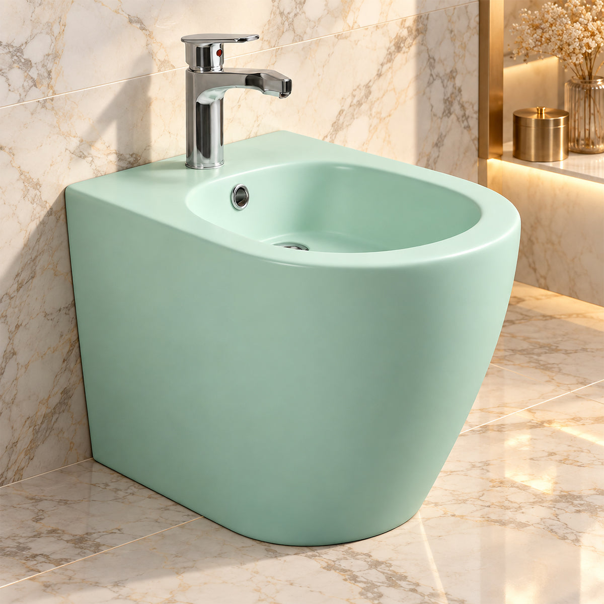 Bidet, Sanitärkeramik, Minzgrün Matt, Power Colour, 59x36 cm bodenstehend, mit Überlauf, Galo