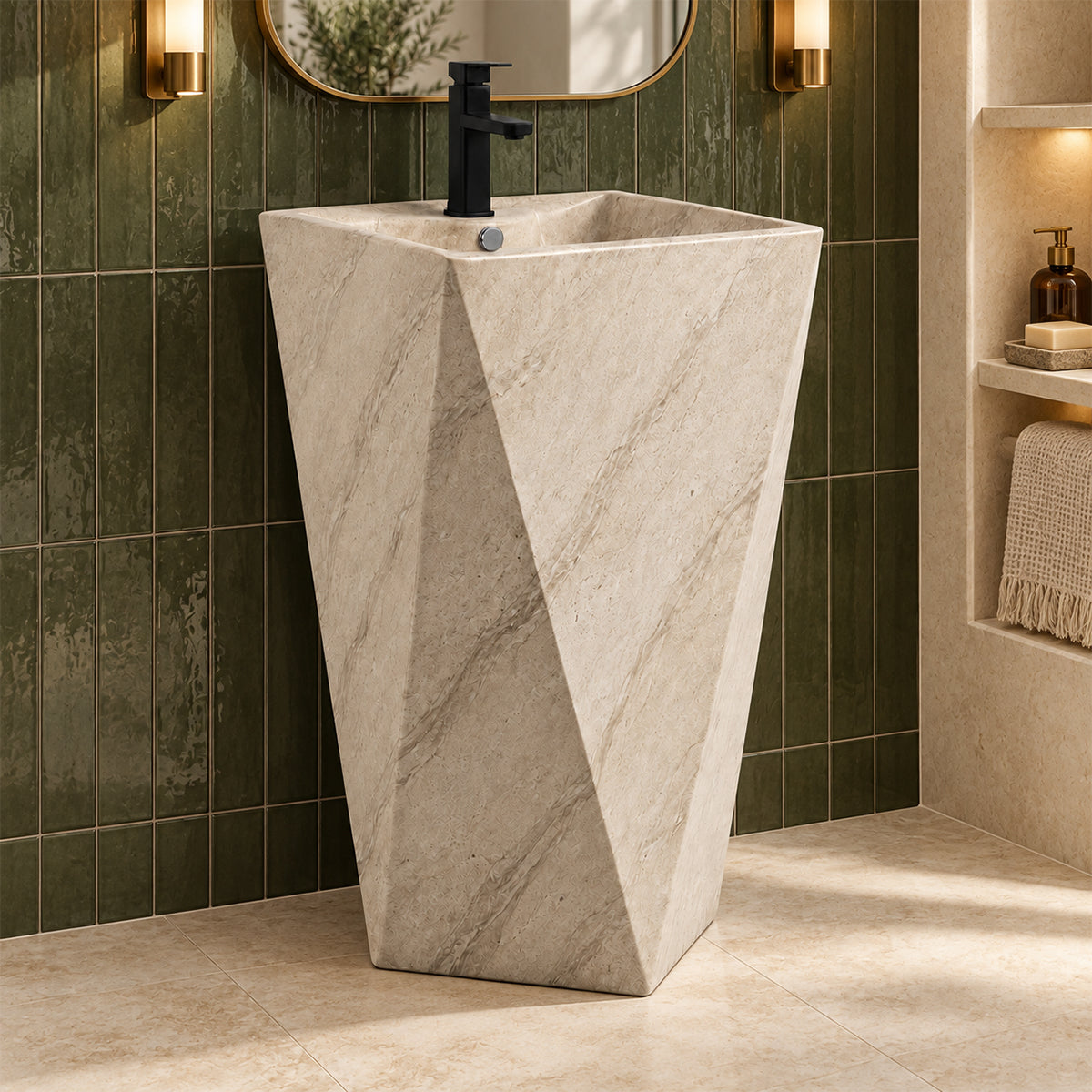 Standwaschbecken, mit Armaturenloch, 47 x 47 x 83 cm, Bodenmontage, Sanitärkeramik, Enrico Stone