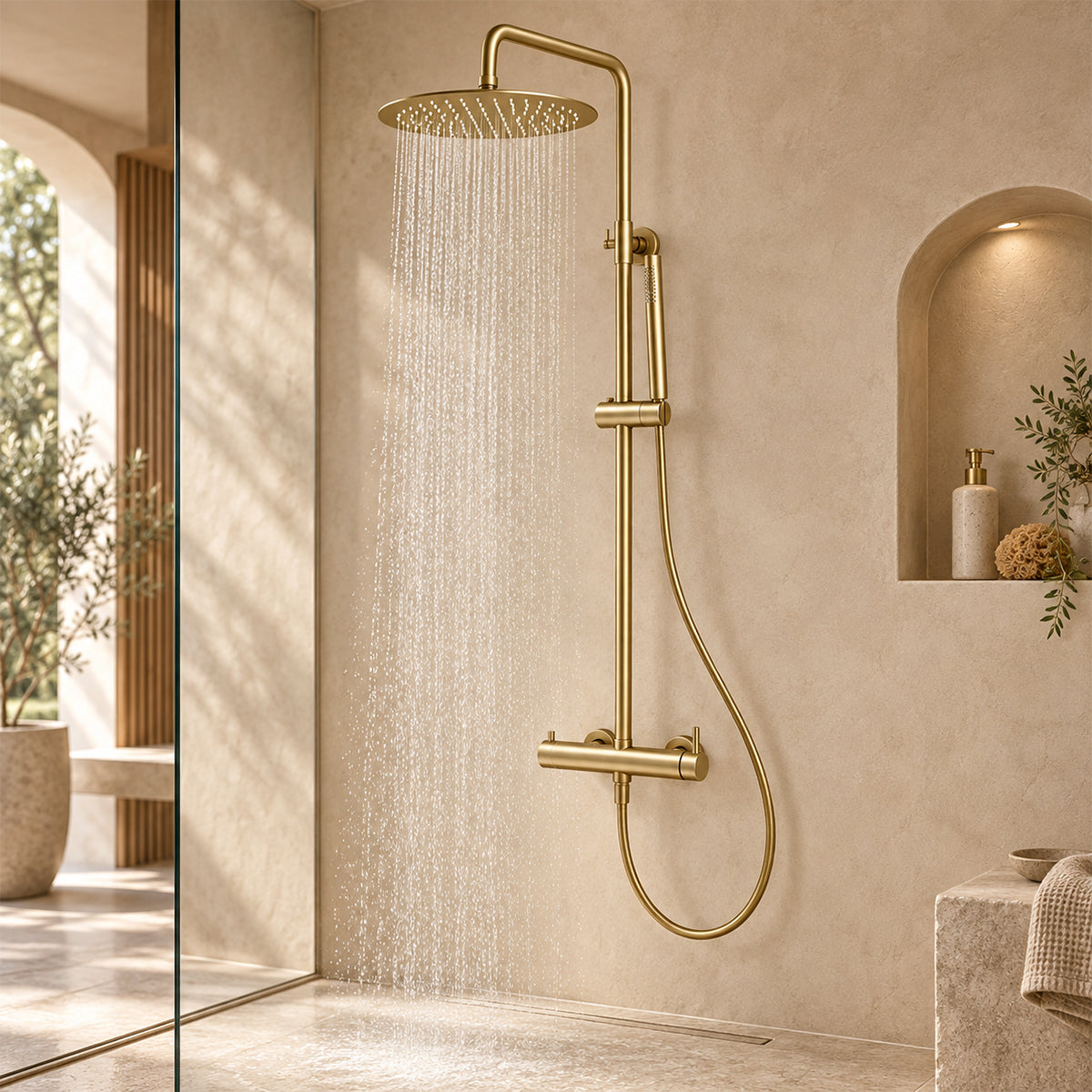 Duschsystem, Mattgold, Wandmontage, 2 Funktionen, Regendusche, Handbrause, Edelstahl, Fino