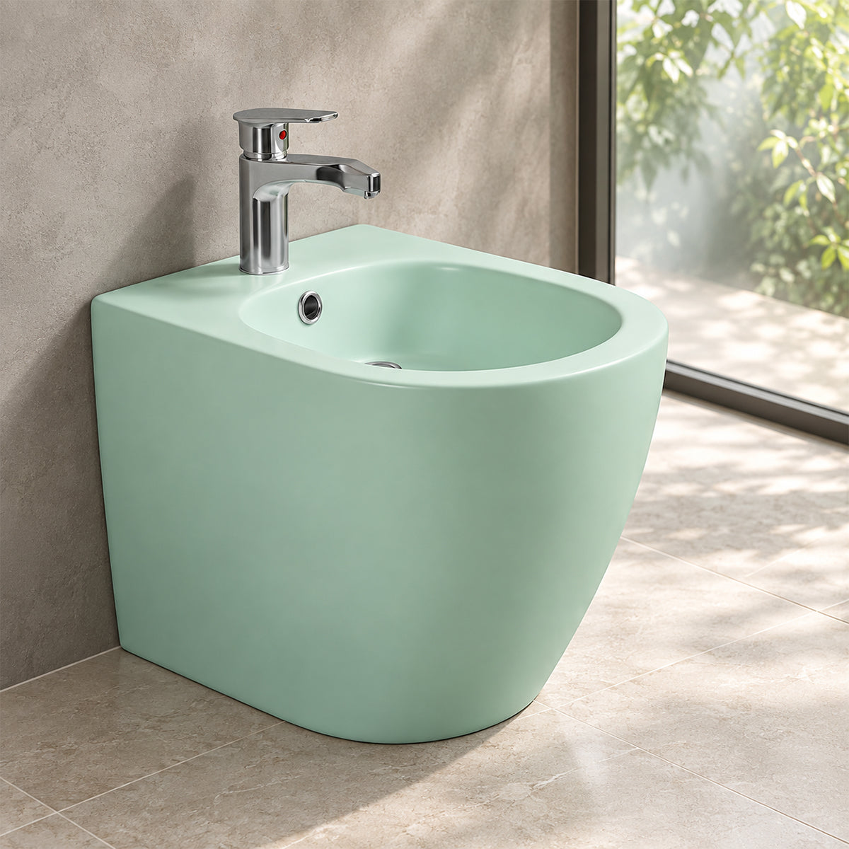 Bidet, Sanitärkeramik, Minzgrün Matt, Power Colour, 59x36 cm bodenstehend, mit Überlauf, Galo