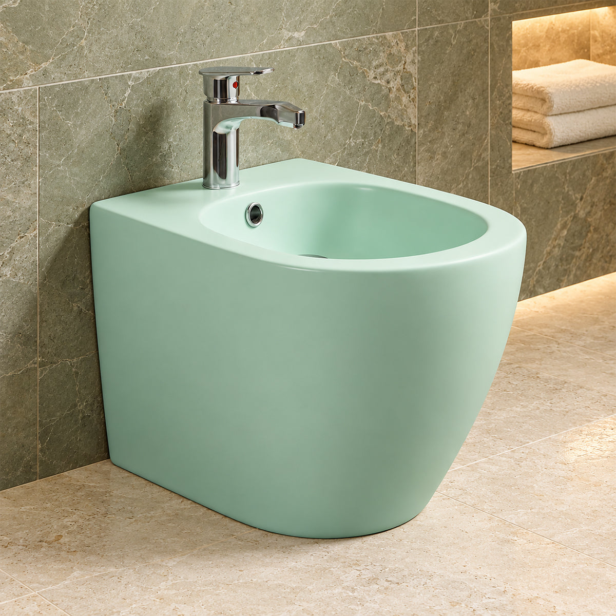 Bidet, Sanitärkeramik, Minzgrün Matt, Power Colour, 59x36 cm bodenstehend, mit Überlauf, Galo