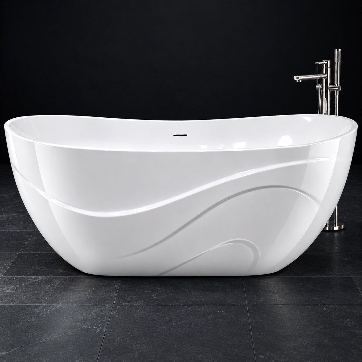 Badewanne, Mineralwerkstoff, inklusive weißem Abfluss, freistehend, Hochglanzweiß, 170 x 78 cm, Calista