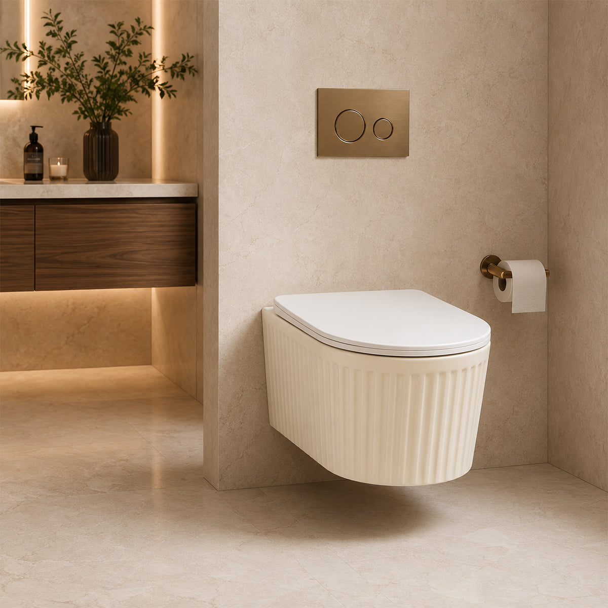 Toilettenschüssel, Wandmontage, Jasmine Mat mit vertikaler Riffelung, Tornado-Spülsystem, 49 x 36 cm, Sanitärkeramik, Firenze