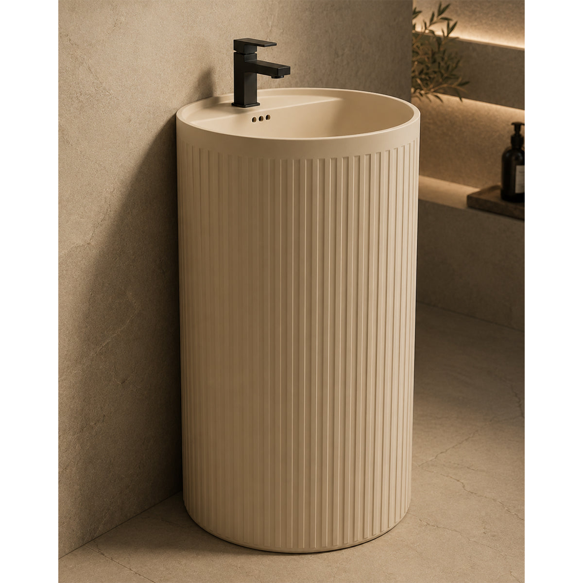 Standwaschbecken, Jasmine Mat mit vertikaler Riffelung, 45 x 45 x 85 cm, mit Armaturenloch, Sanitärkeramik, Firenze