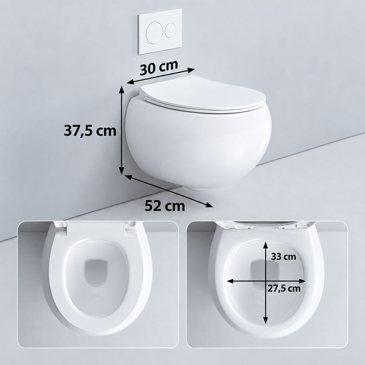 Toilettenschüssel, hängende Installation, Randlos, Mattschwarz, 52 x 30 cm, Site-Keramik, Duroplast-Deckel mit Soft Close, Roli