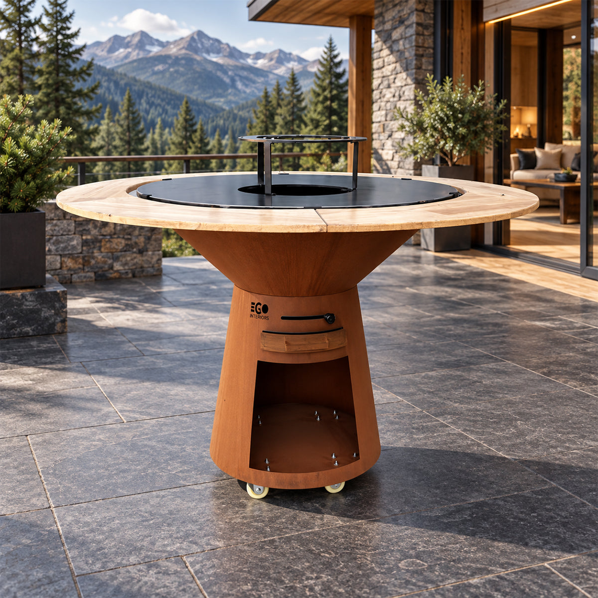 Holzkohlegrill aus Gusseisen, Cortenstahl & Holz, rostbraun, mit Holzfach und Rollen, Ø 100 × H 90 cm,Avangarde