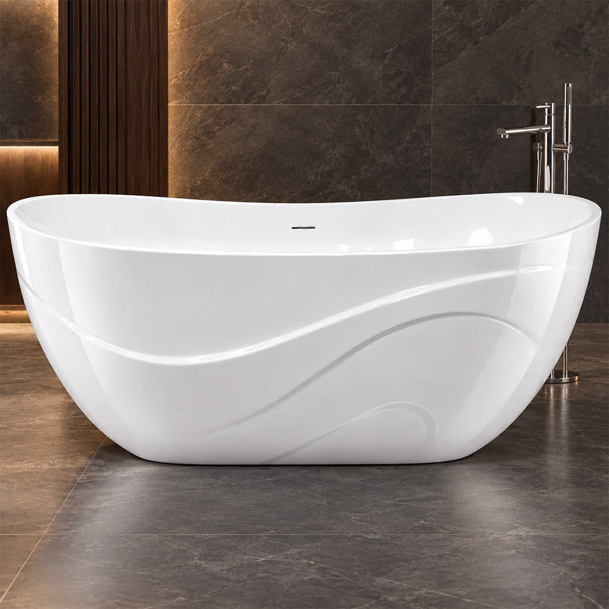 Badewanne, Mineralwerkstoff, inklusive weißem Abfluss, freistehend, Hochglanzweiß, 170 x 78 cm, Calista