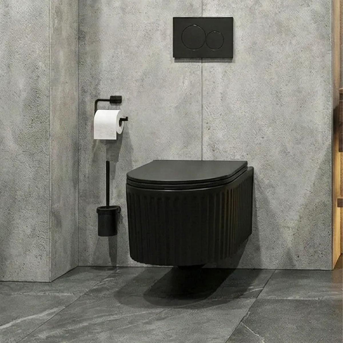 Toilettenschüssel, Wandmontage, Mattschwarz mit vertikaler Riffelung, Tornado-Spülsystem, 49 x 36 cm, Sanitärkeramik, Firenze