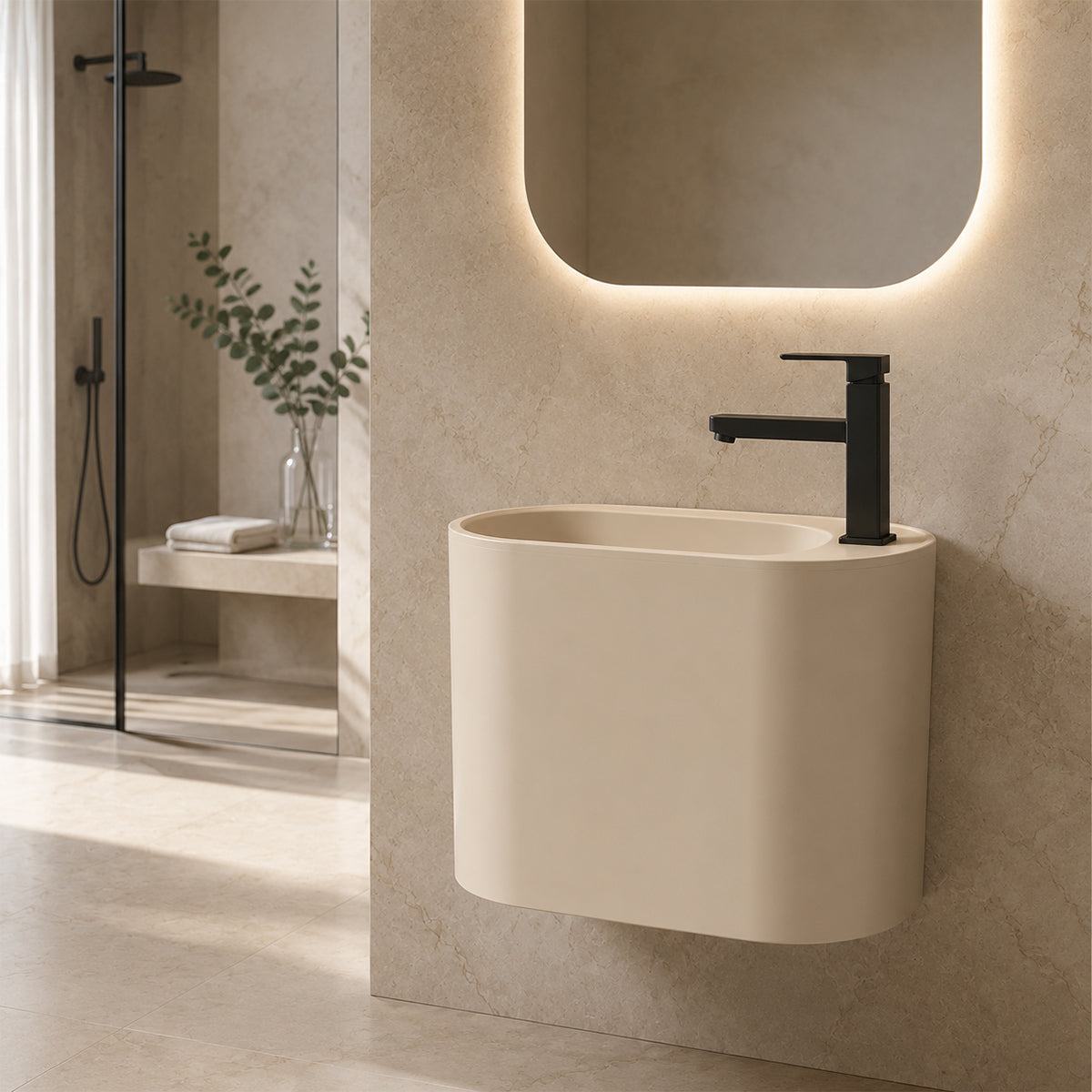 Waschbecken, Wandmontage, Jasmine Mat, 50 x 28 cm, mit Armaturenloch, Siena